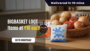 A shopping cart filled with groceries showcasing the Bigbasket Loot : Items at ₹10 deal.